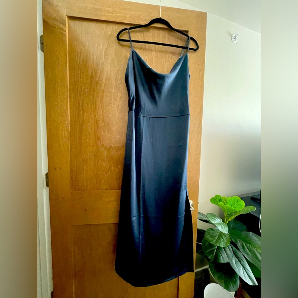 NWT Cowl Neck Satin Midi Dress, Navy Blue, Large